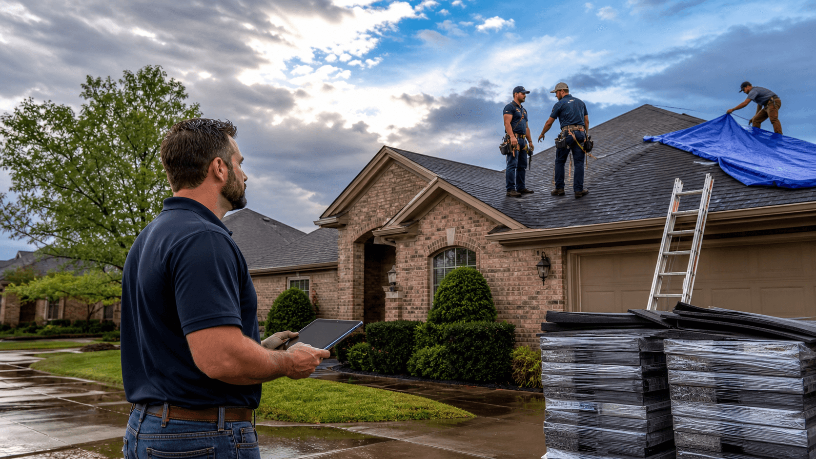 Worker installs shingles on a house roof under dark storm clouds, with sunlight breaking through in the background.