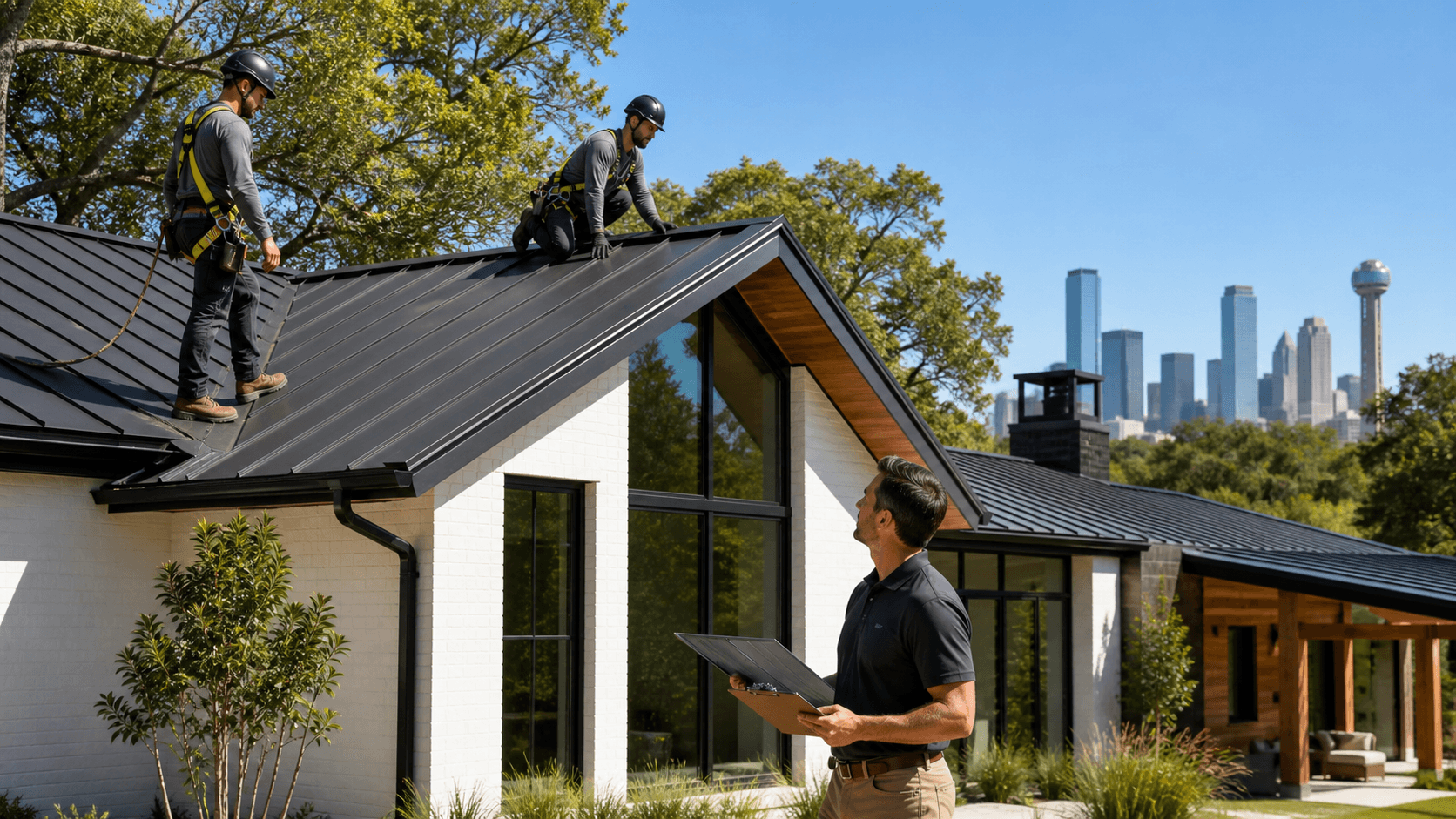 Modern Dallas home with a sleek dark metal roof under a bright blue sky.