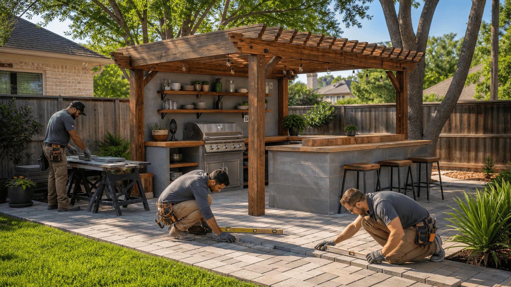 Backyard patio with a compact stainless grill, wood bar counter, and string lights glowing at dusk.