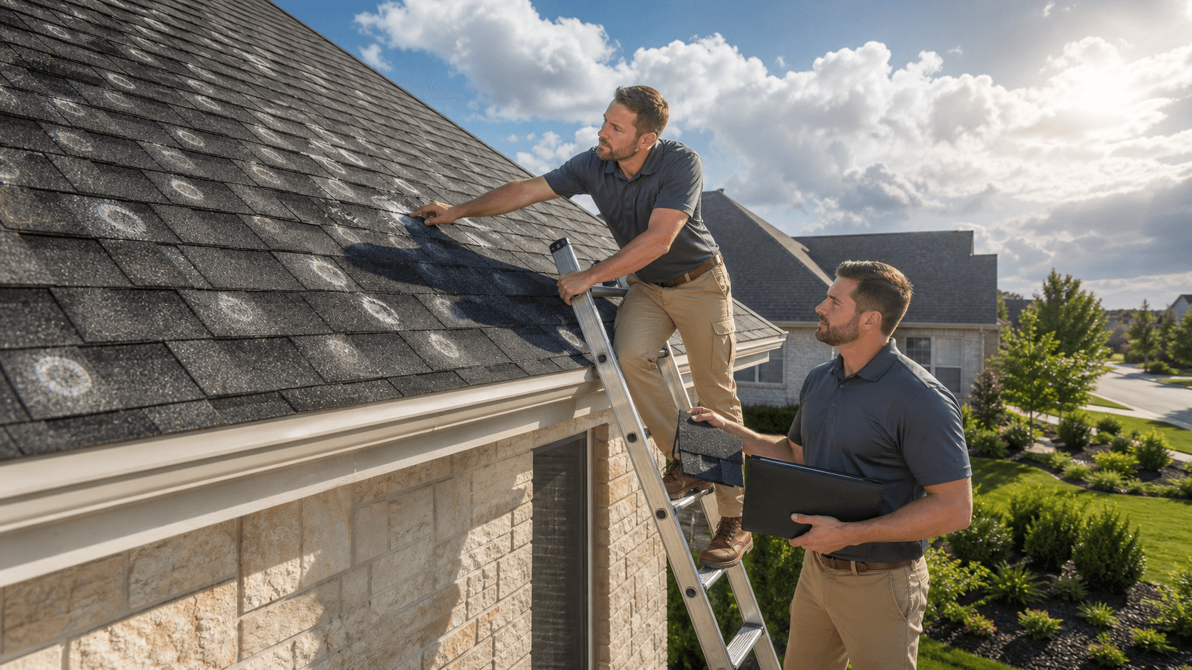 Close-up of dark gray shingles covered in hailstones beneath a stormy Texas sky.