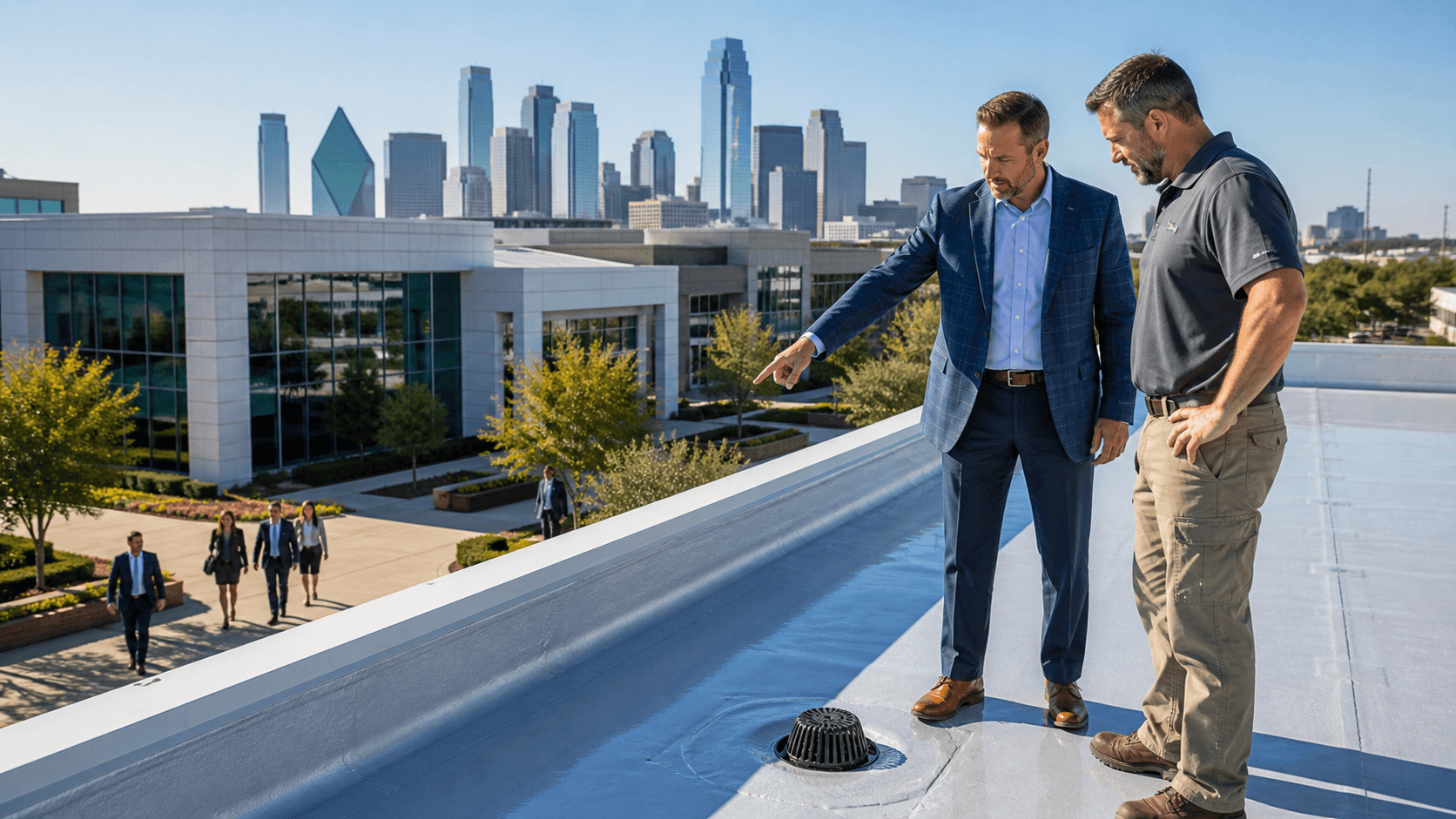 Modern Dallas office building with a bright white roof beneath a clear blue sky and city skyline.