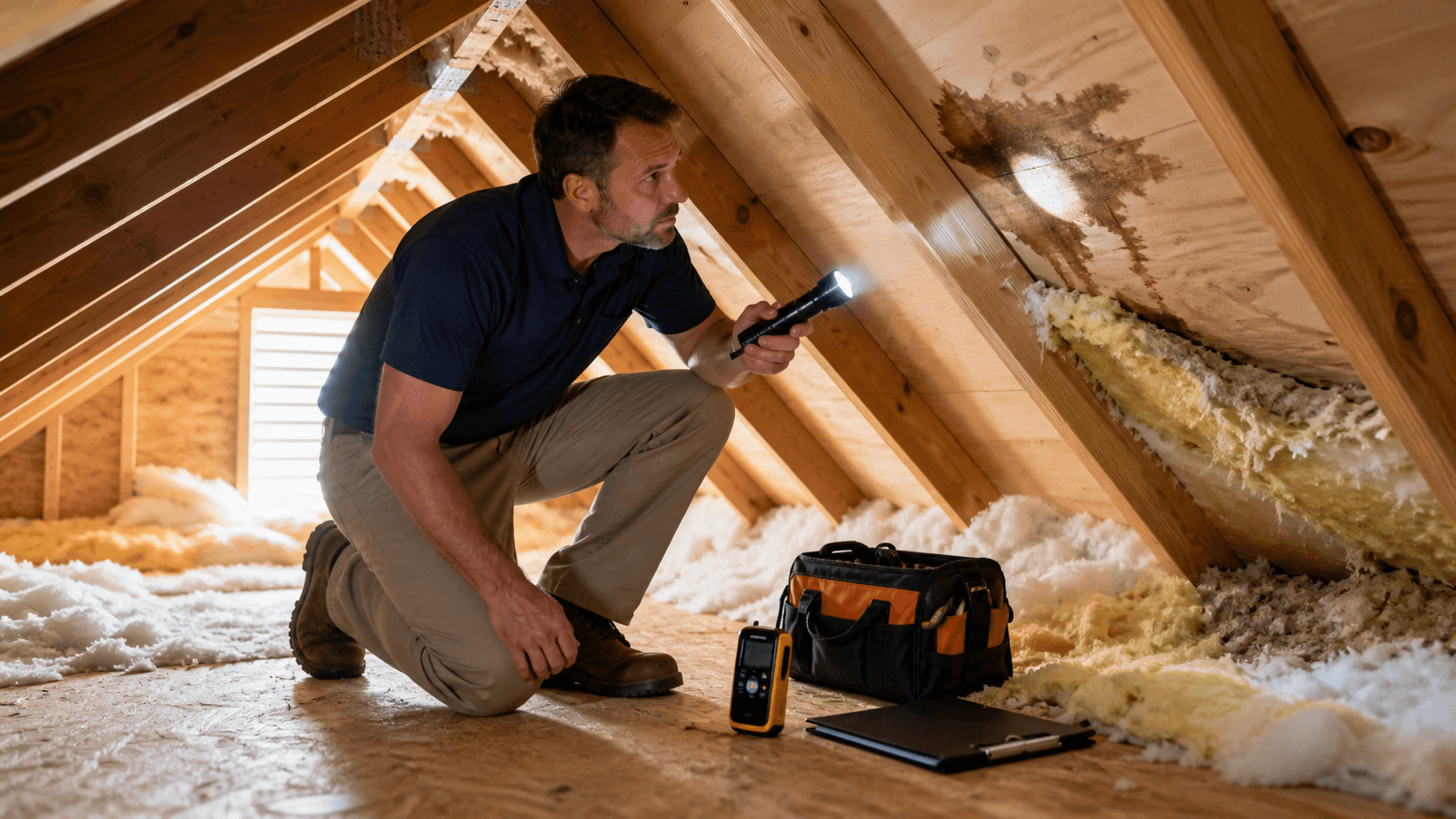 Sunlit attic with exposed wooden rafters, insulation, and dark water stains on roof decking