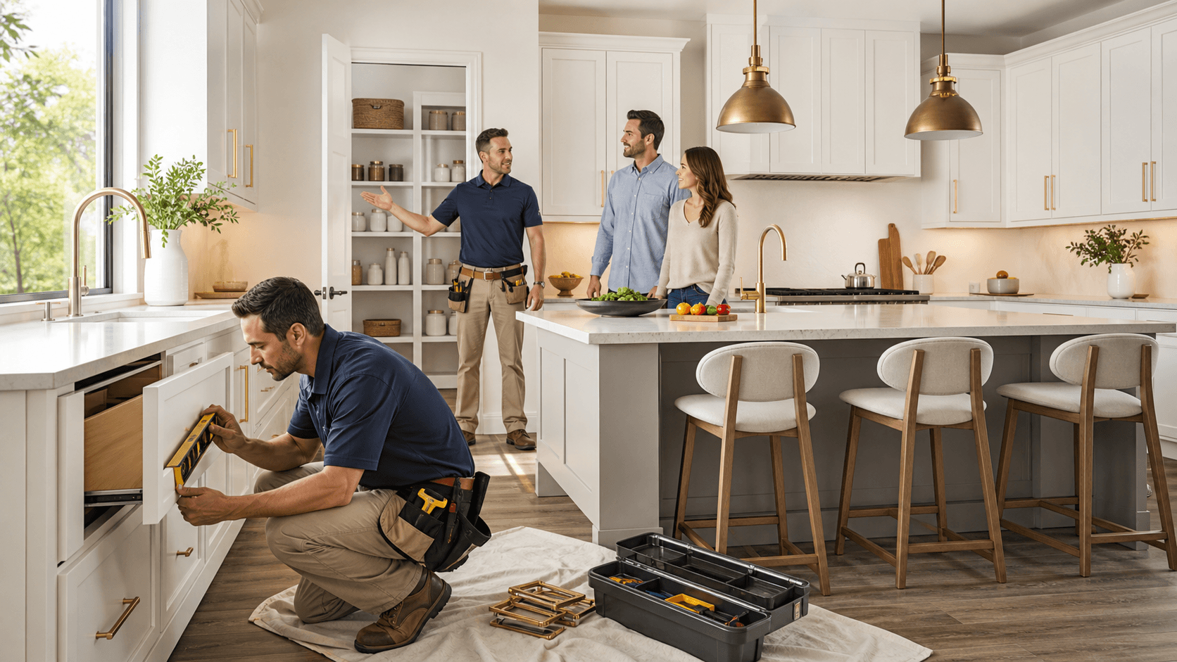 Bright modern kitchen with white cabinets, large island, pendant lights, and stainless appliances in daylight