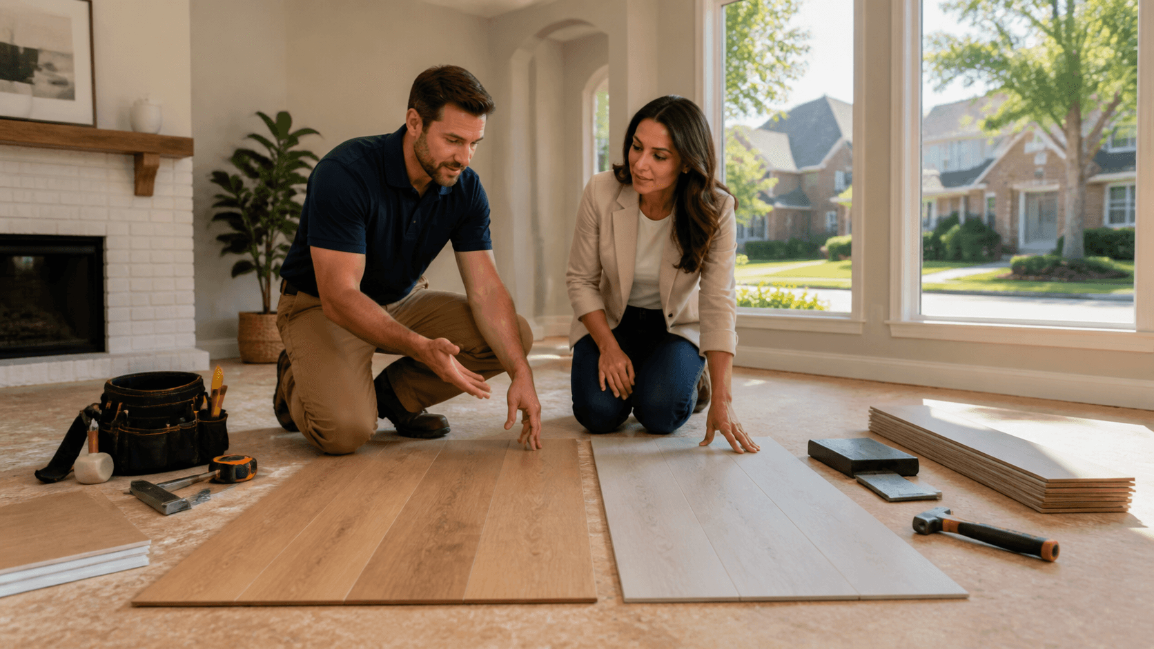 Split interior showing light wood laminate and gray luxury vinyl plank flooring beneath modern furnishings.