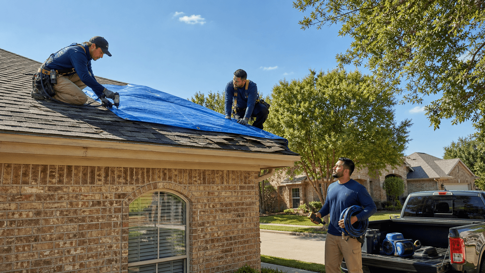 Sunlit Dallas home roof with a blue tarp covering damaged shingles under late-summer clouds.