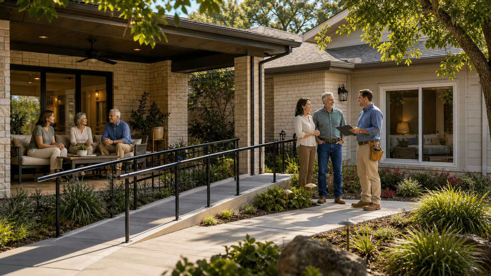 Modern Dallas home addition with a sunlit patio and three generations gathered outdoors.