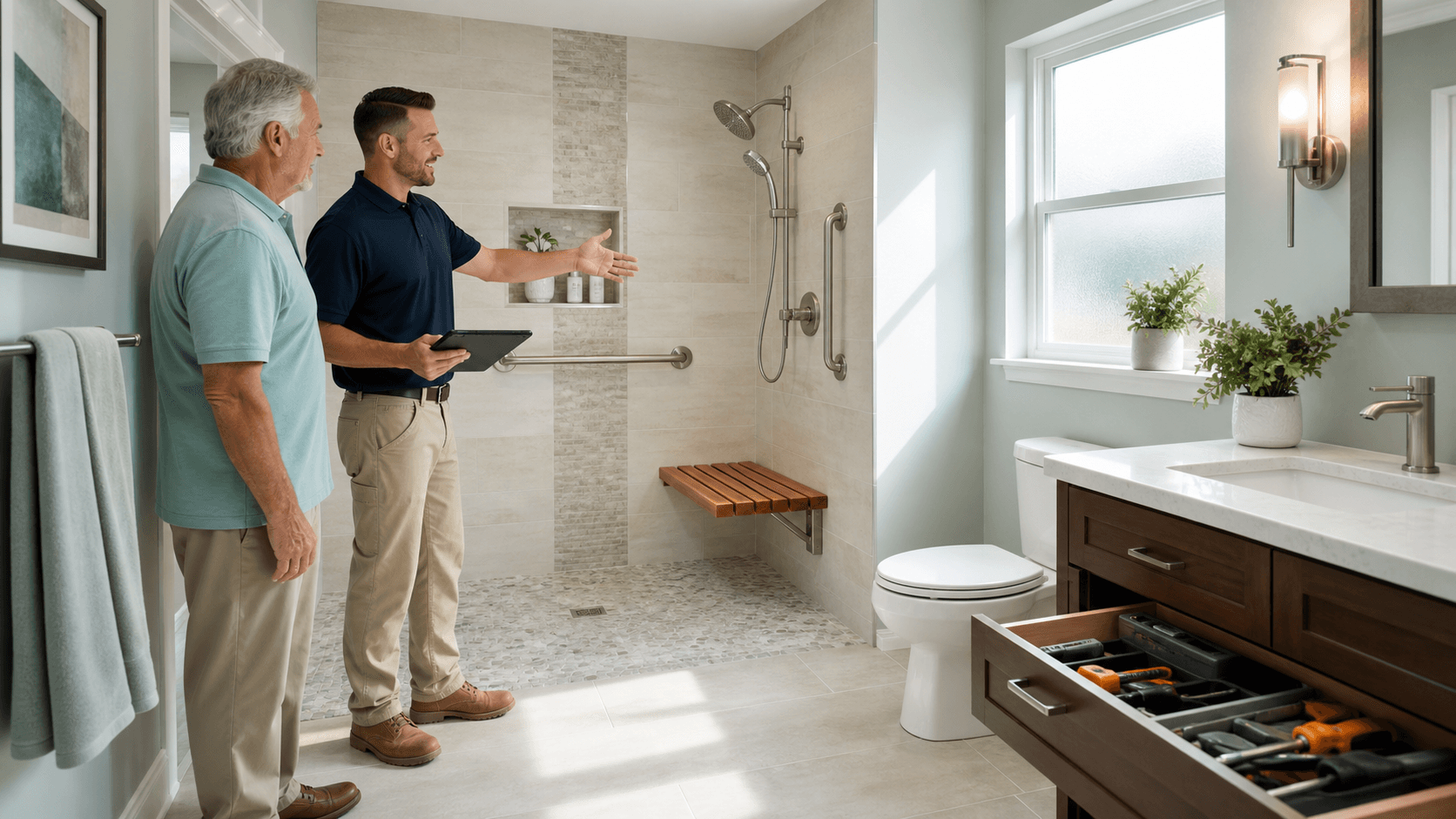 Modern white bathroom with walk-in shower, grab bars, built-in bench, and warm natural light through a window