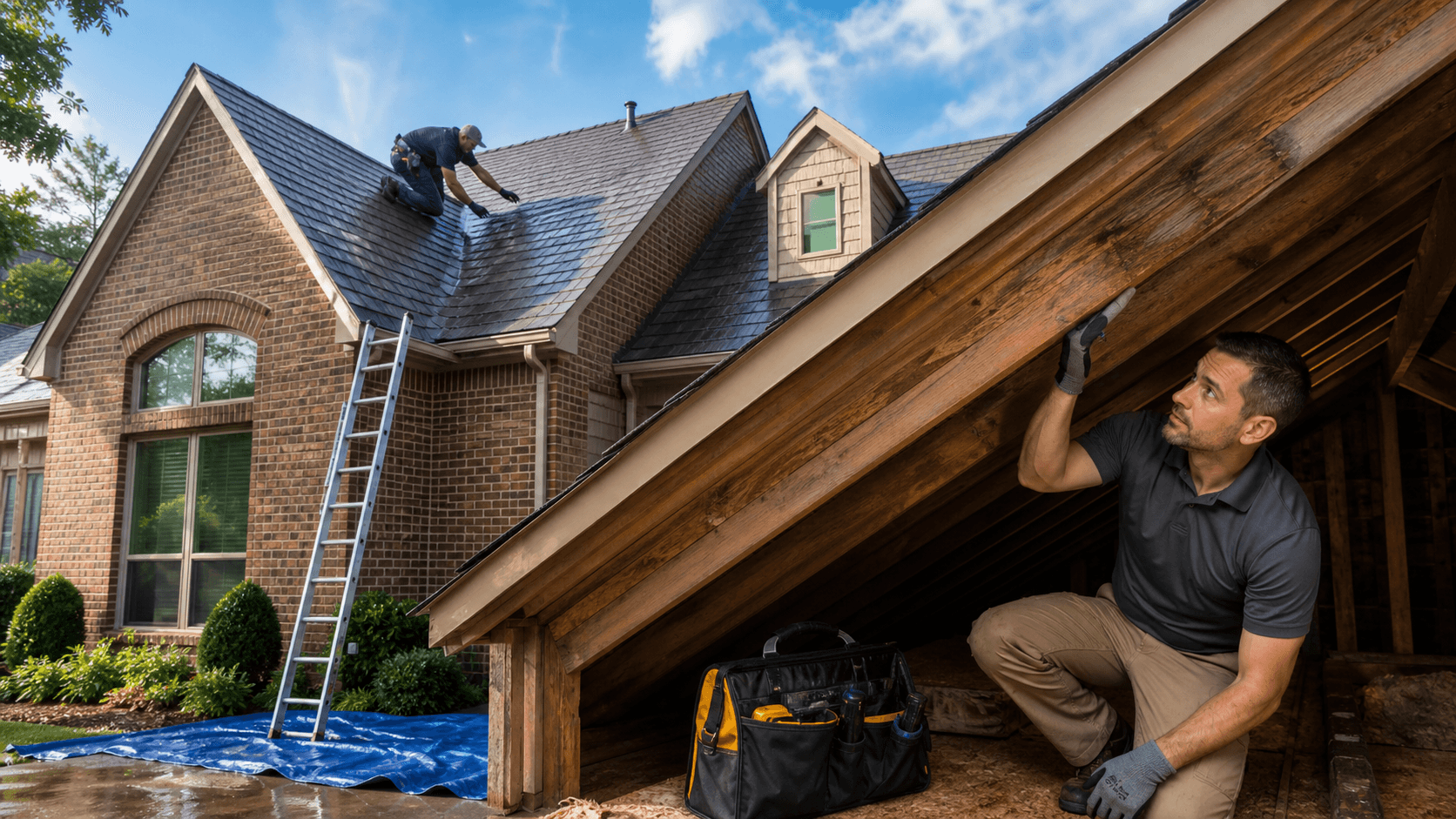 Dark storm clouds over a Dallas home with water-stained ceiling and dripping roof leak indoors