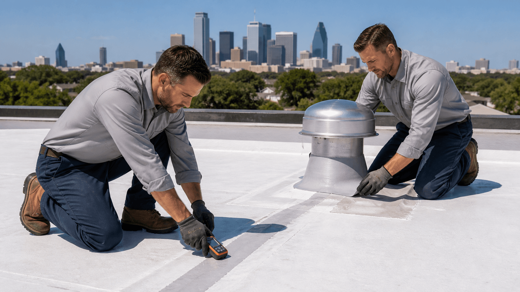 Roofer in safety gear repairs a flat roof beneath a bright blue Dallas sky.