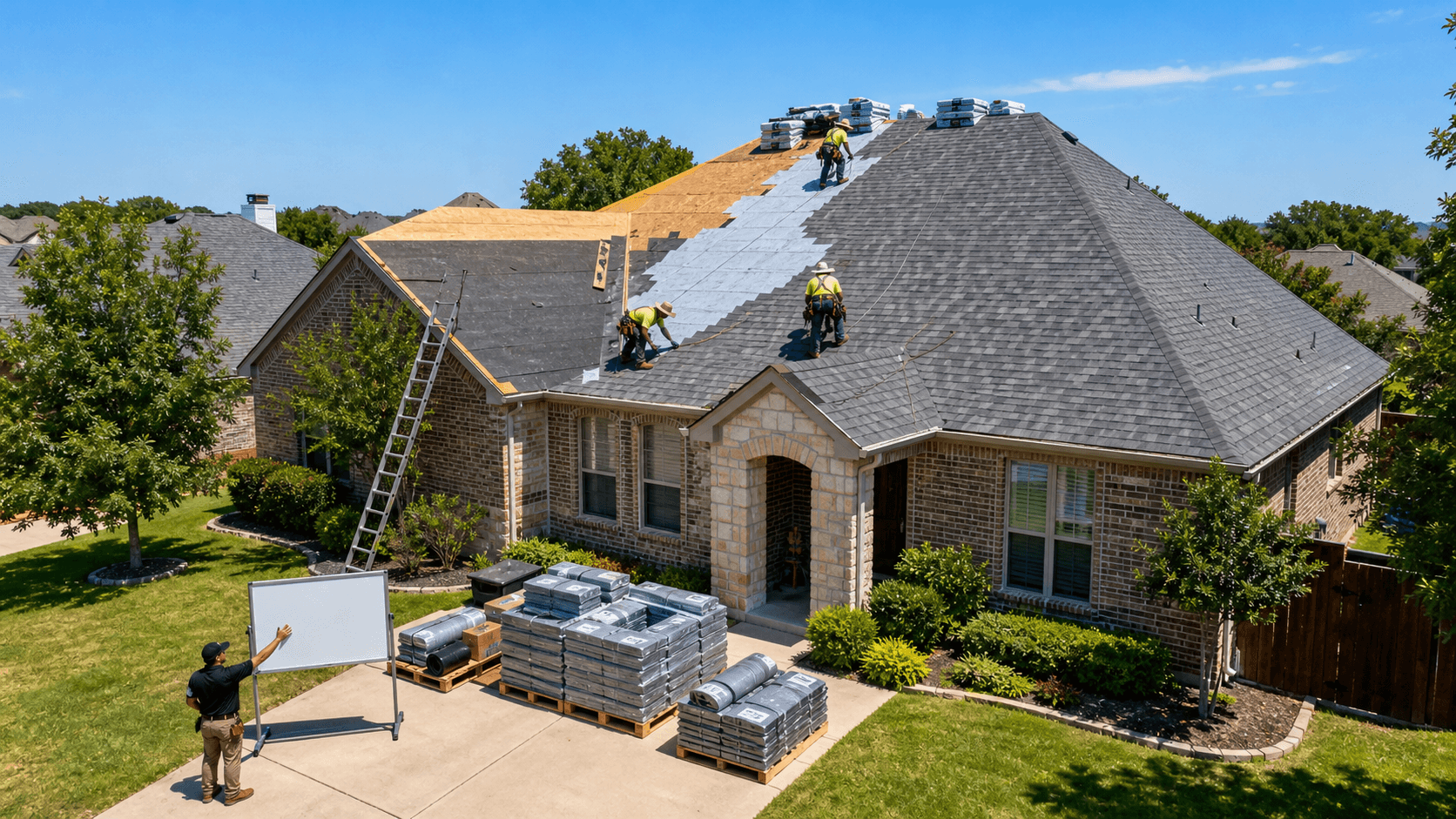 Aerial view of suburban homes with new gray roofs under a bright blue Texas sky.