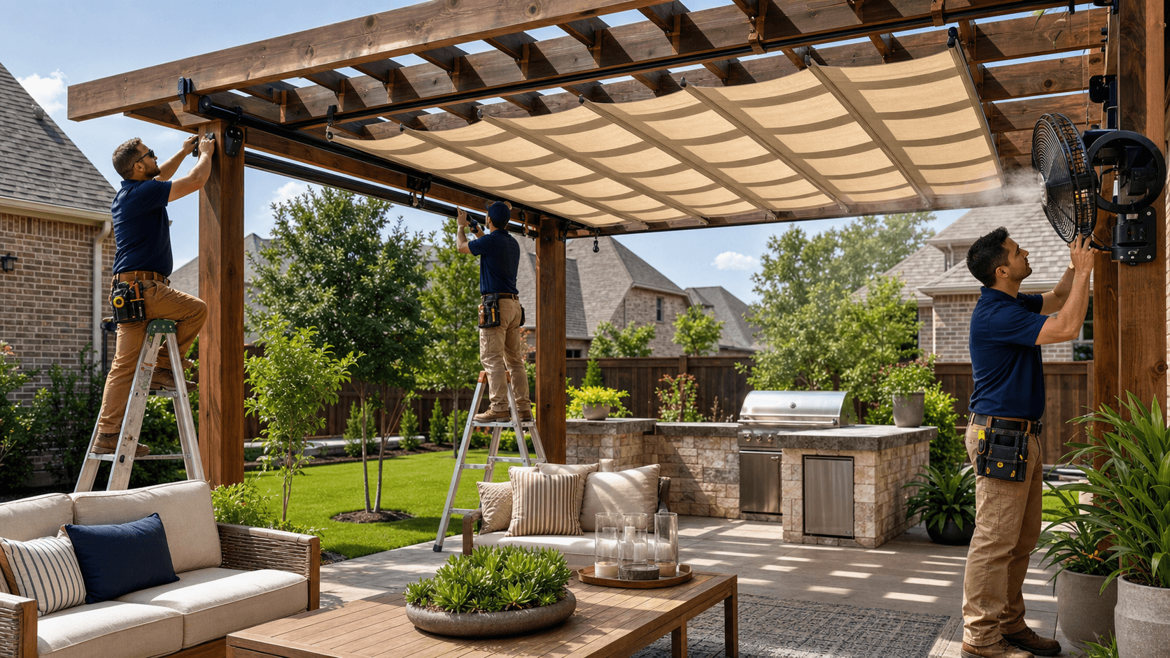 Sunlit backyard patio with pergola shade, ceiling fan, misting system, and outdoor seating amid greenery