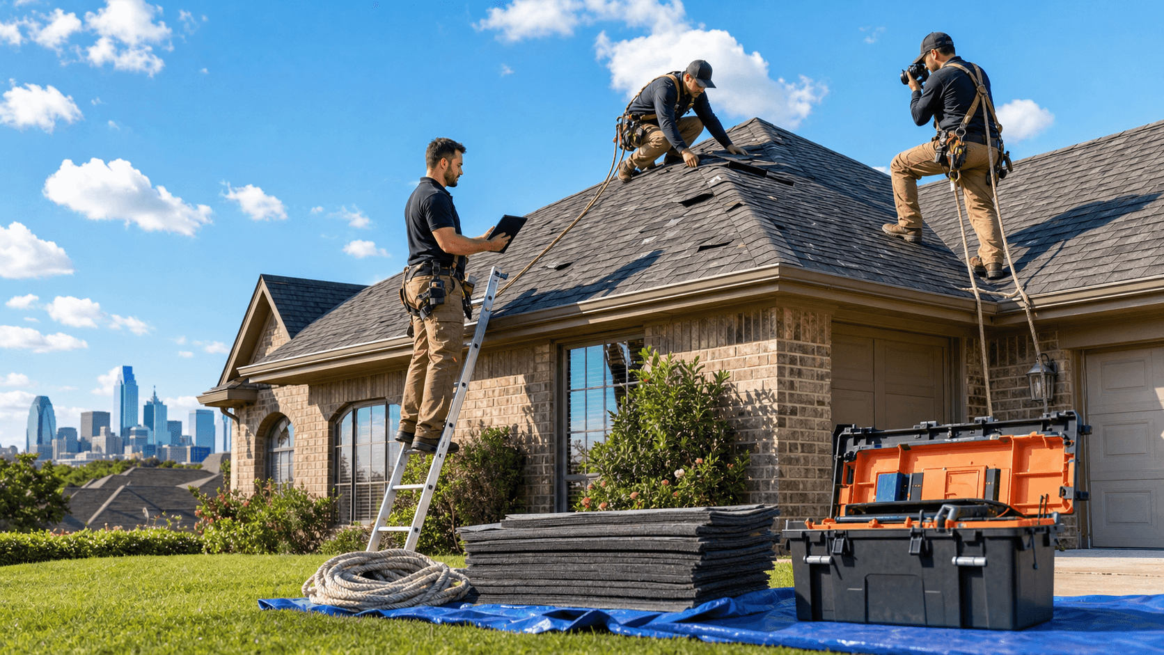 Dallas home roof under dark storm clouds, raindrops falling, with a clipboard checklist and hammer in the foreground