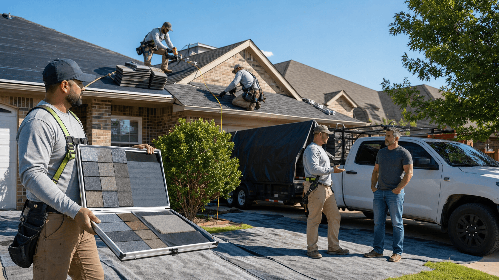 Sunlit suburban house with a new gray shingle roof, workers on top and blue sky in the background