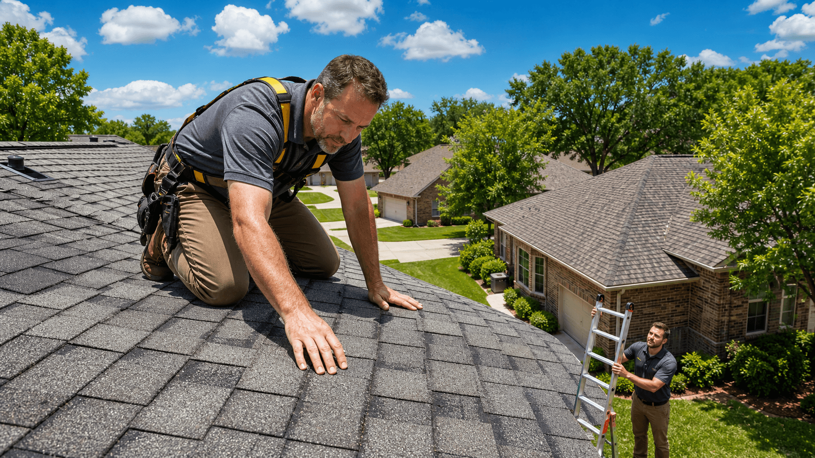 Close-up of dark gray roof shingles with scattered hailstones beneath a cloudy Texas sky.