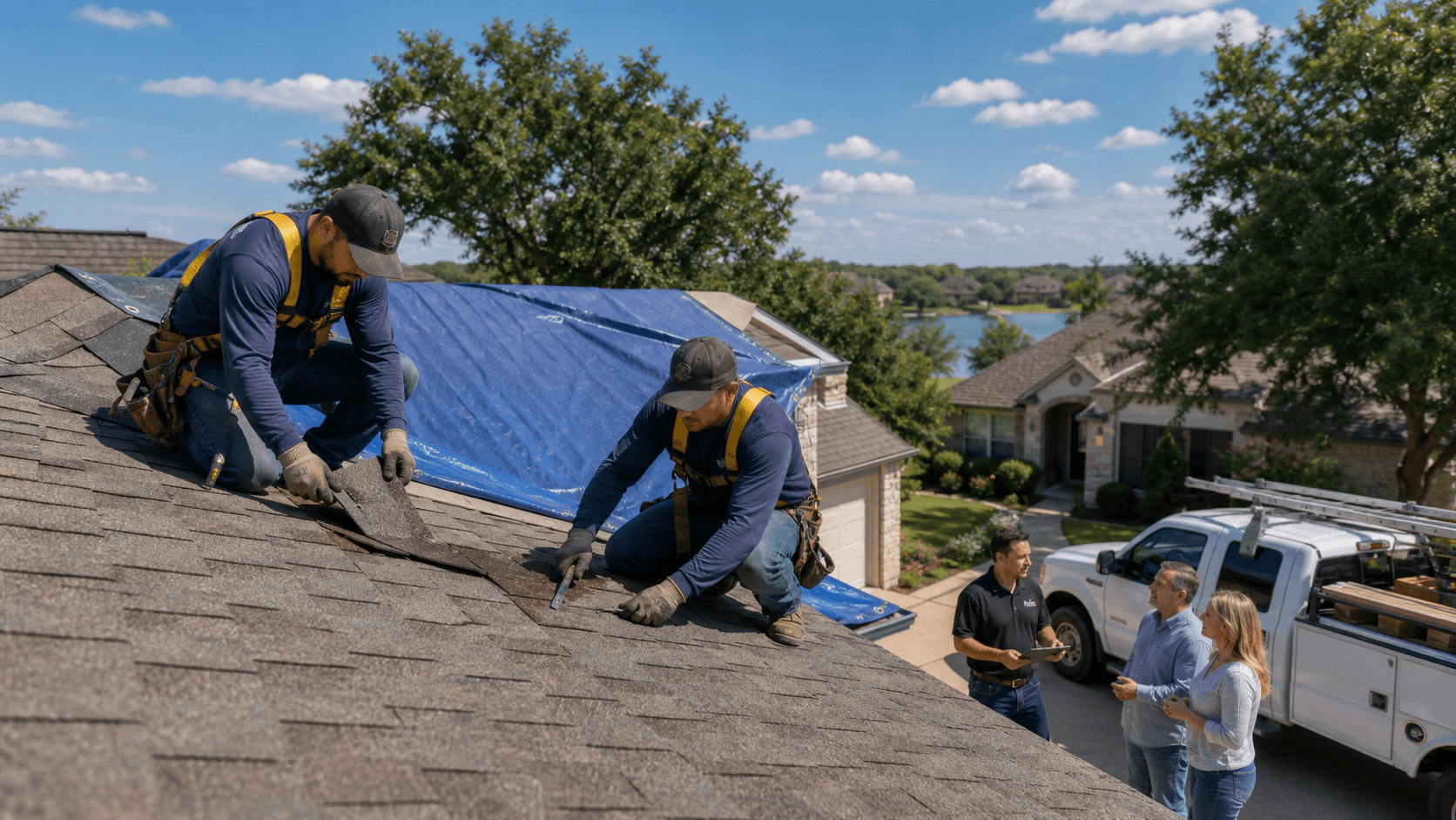 Storm clouds loom over a suburban home with missing shingles and tarps covering its damaged roof.