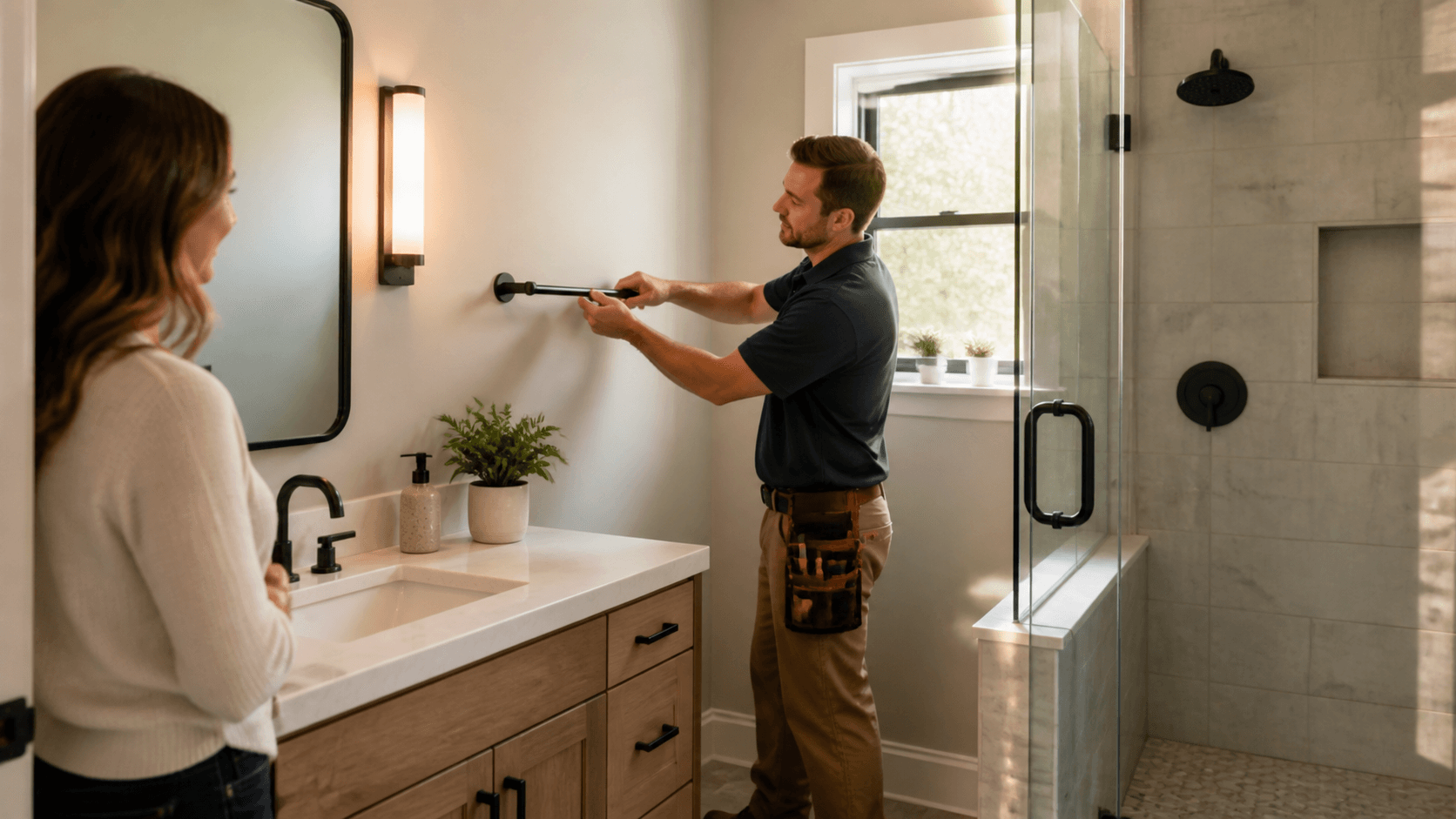 Bright modern bathroom with white vanity, frameless glass shower, marble tile, and warm pendant lighting.